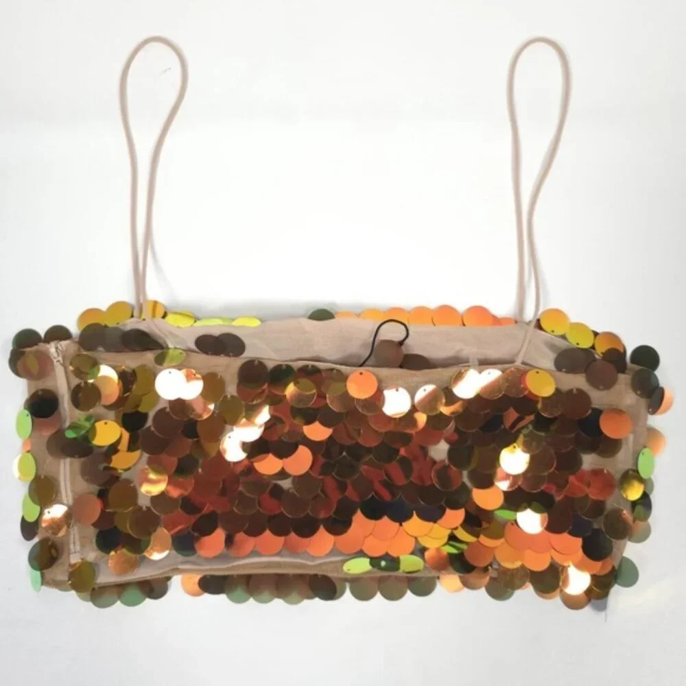 NWOT ZARA Metallic‎ Gold SEQUIN Crop TOP Thin Straps 9406/103 Size XS - Picture 5 of 16